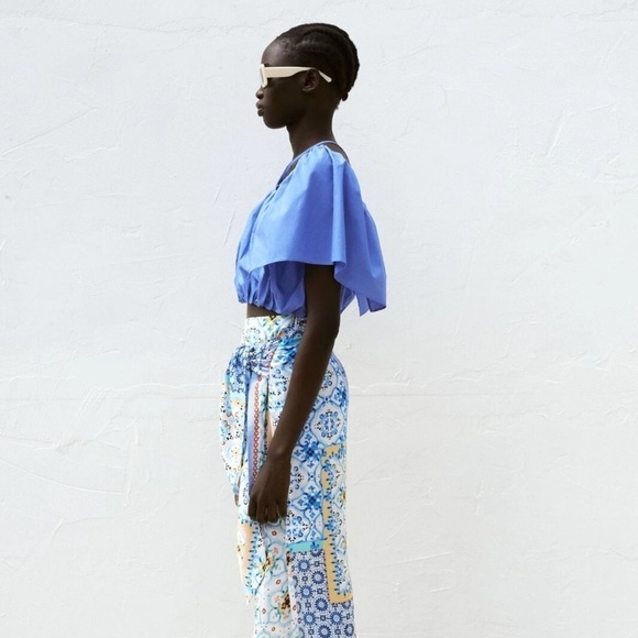 Zara Blue Ruched Ruffled Puff Crop Top - Picture 3 of 7